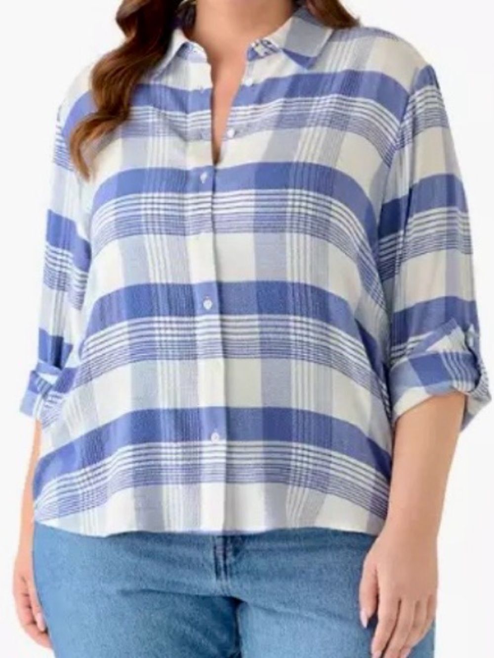 Philosophy Plaid Long Sleeve in Blue/Creamy White Women’s 1X